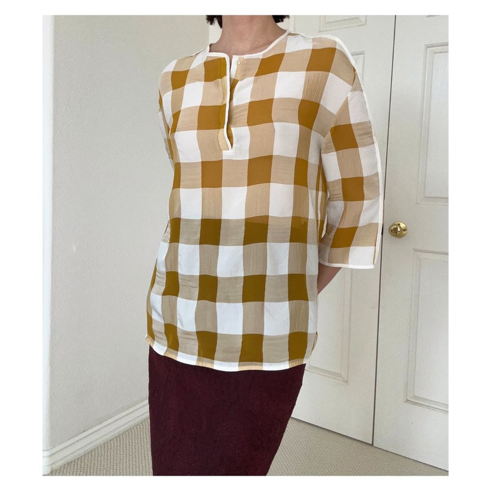 Yellow and White Checkered Gauze Blouse with Top Buttons, 3/4 Sleeve, XS/S